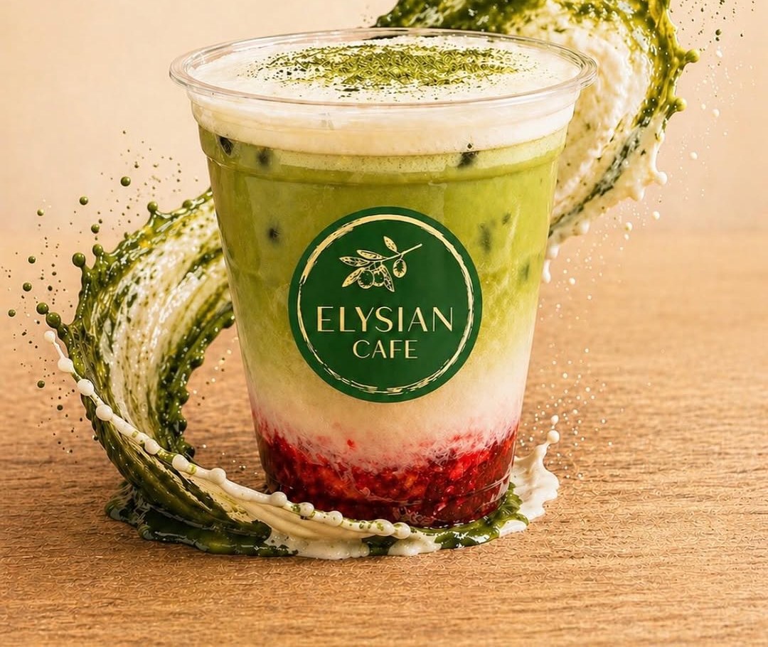 Elysian Cafe iced strawberry matcha latte with the green olive-branch logo