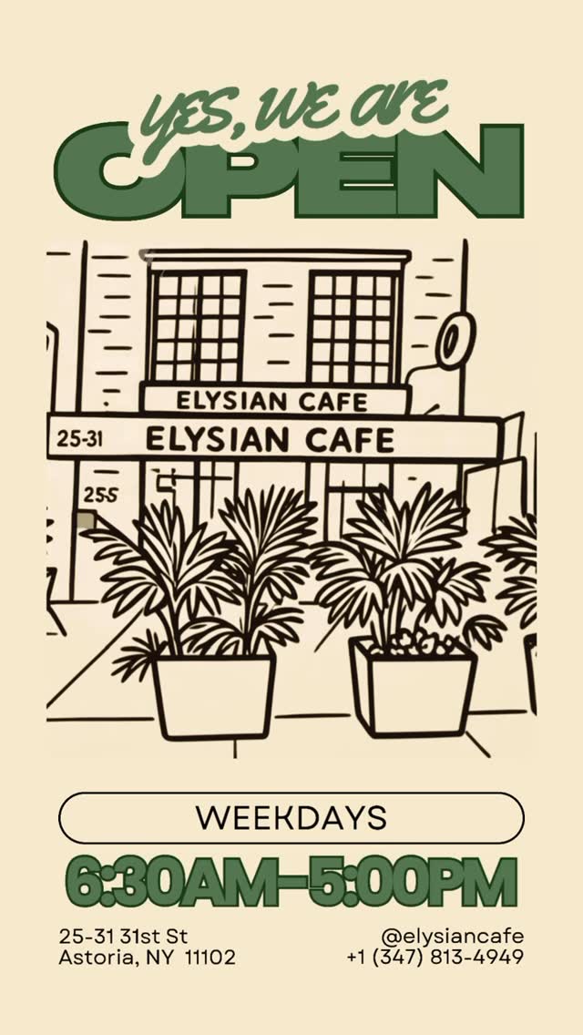 Line illustration of the Elysian Cafe storefront at 25-31 31st Street in Astoria with potted palms